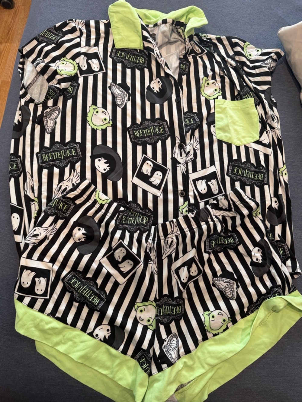 Beetlejuice Black & White Stripe Pajama Set with Neon Green Trim